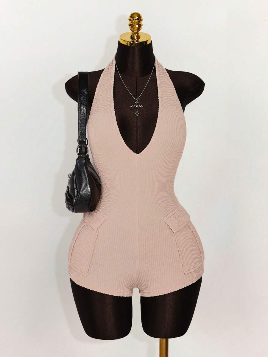 Amplova 深 V 领挂脖纹理面料紧身连衣裤