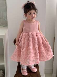 DAZY Toddler Girls' Loose Floral Satin Mid-Length Round Neck Dress - Pink - View 4