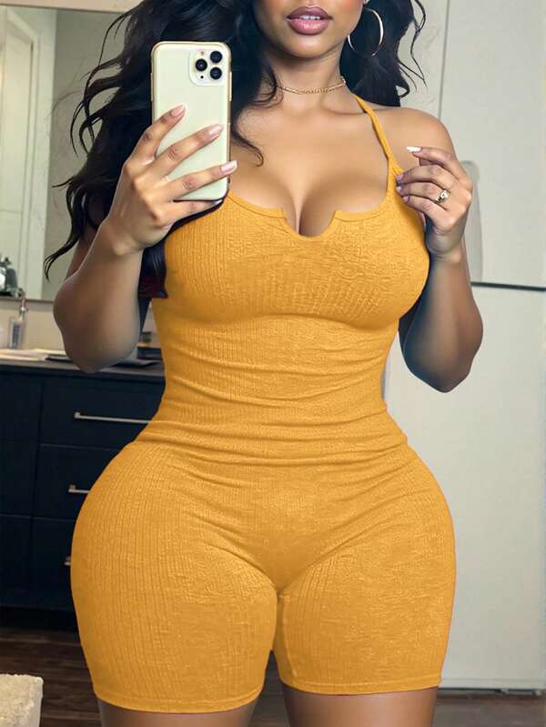 SHEIN Frauen Sexy Bustier Aushöhlen Blau Leibchen Jumpsuit Für Frühling & Herbst