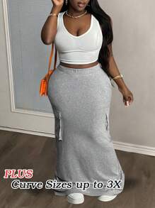 Slaydiva Summer Casual Street High-Waist Three-Dimensional Workwear Pocket Light Floral Gray Hip-Covering Straight Long Skirt Women's Plus Skirt