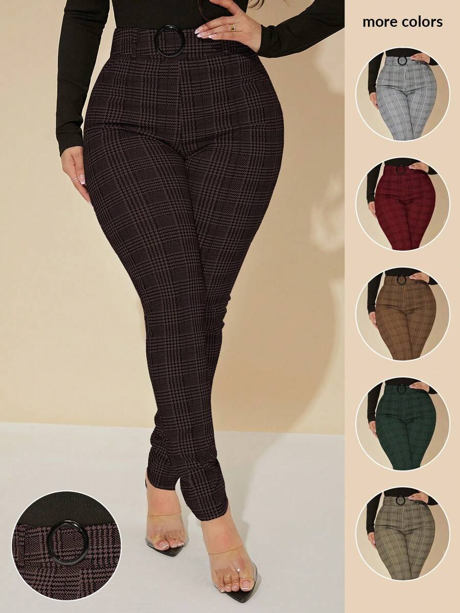 SHEIN SXY 性感高腰格伦格子束带裤