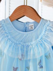 SHEIN Vestido azul dulce de fantasía para niñas con intrincado ribete de volantes, falda con estampado floral en floración, estilo de princesa de cuento de hadas para fiestas, actuaciones y diversas ocasiones - Azul - Ver 7