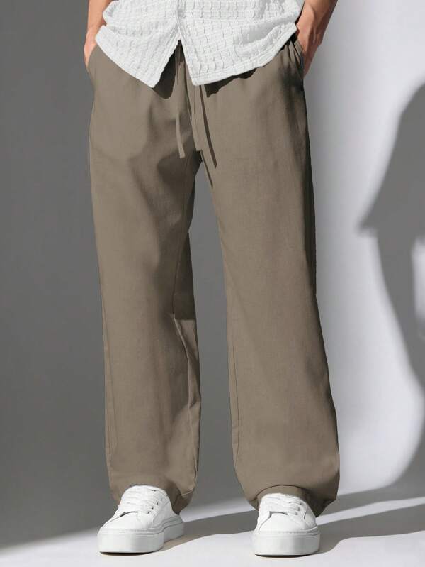 SUMWON Linen Look Skater Fit Casual Pants With Drawstring Waist, Loose Fit Trousers For Relaxed Everyday Comfort, High Quality Wide Leg Style For Spring Summer