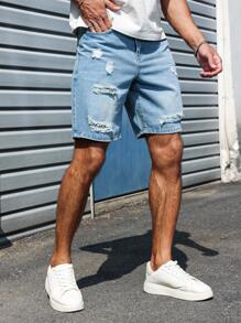 Manfinity Homme Men's Loose Casual Ripped Pocket Denim Shorts, Versatile  Blue Short Jeans Ripped Jean Shorts Men