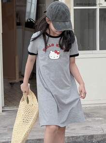 HELLO KITTY | DAZY 青少年女孩秋季服装合作款拼色针织短袖连衣裙，适合青少年女孩、夏季、返校服装 - 灰色 - 查看 6