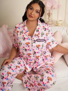 THE POWERPUFF GIRLS X SHEIN Conjunto de pijama con blusa de manga corta y pantalón largo con estampado de Flor, Burbuja, Florecita en talla grande