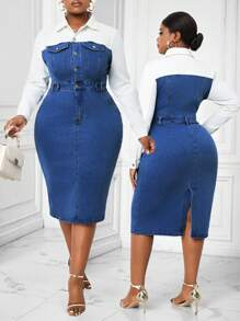 SHEIN Lady Vestido ajustado de manga larga casual de mezclilla con parches, tallas grandes