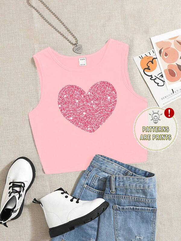 SHEIN ModeFlare Wear Tween Girls' Casual Minimalist Heart Print Regular Camisole, Suitable For Summer