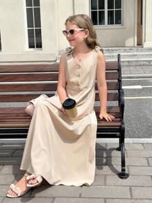 SHEIN Tween Girls Casual Commuter Butterfly Knot Decor Sleeveless A-Line Maxi Dress