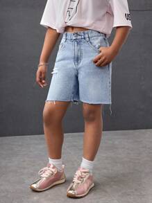 Shorts vaqueros azules desgastados de estilo casual de verano para niña joven - Lavado ligero - Ver 6