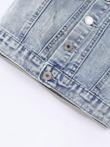 SHEIN Playful Pals 年轻女孩字母与蝴蝶刺绣牛仔长袖夹克 - 淺色水洗藍 - 查看 3