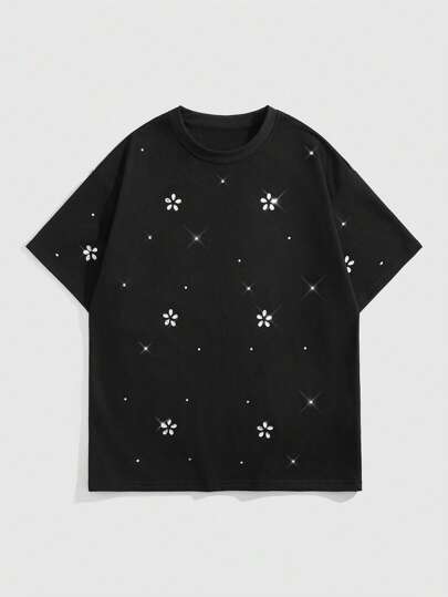 Street Life Men's Floral Rhinestone Detail Casual Round Neck Short Sleeve T-Shirt, Summer Vacation