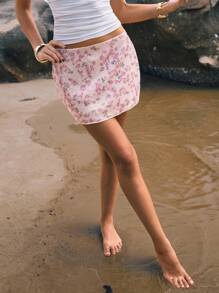 Poéselle Pink Skirt, Sequin Skirt, Printed Skirt, Small Floral Skirt, Simple And Fashionable, Exquisite And Fresh,Women's Floral Pattern Fitted Sequin Skirt, Suitable For Summer,Suitable For Daily Wear, Going Out, Dating, Vacation, Wedding Guests, Cocktail Parties, Yacht Parties, Birthday Parties, Graduation Skirtes And Other Occasions - Pink - View 4