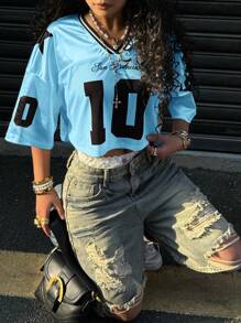 SHEIN EZwear Summer Blue Satin Contrast Mesh Cropped Printed T-Shirt