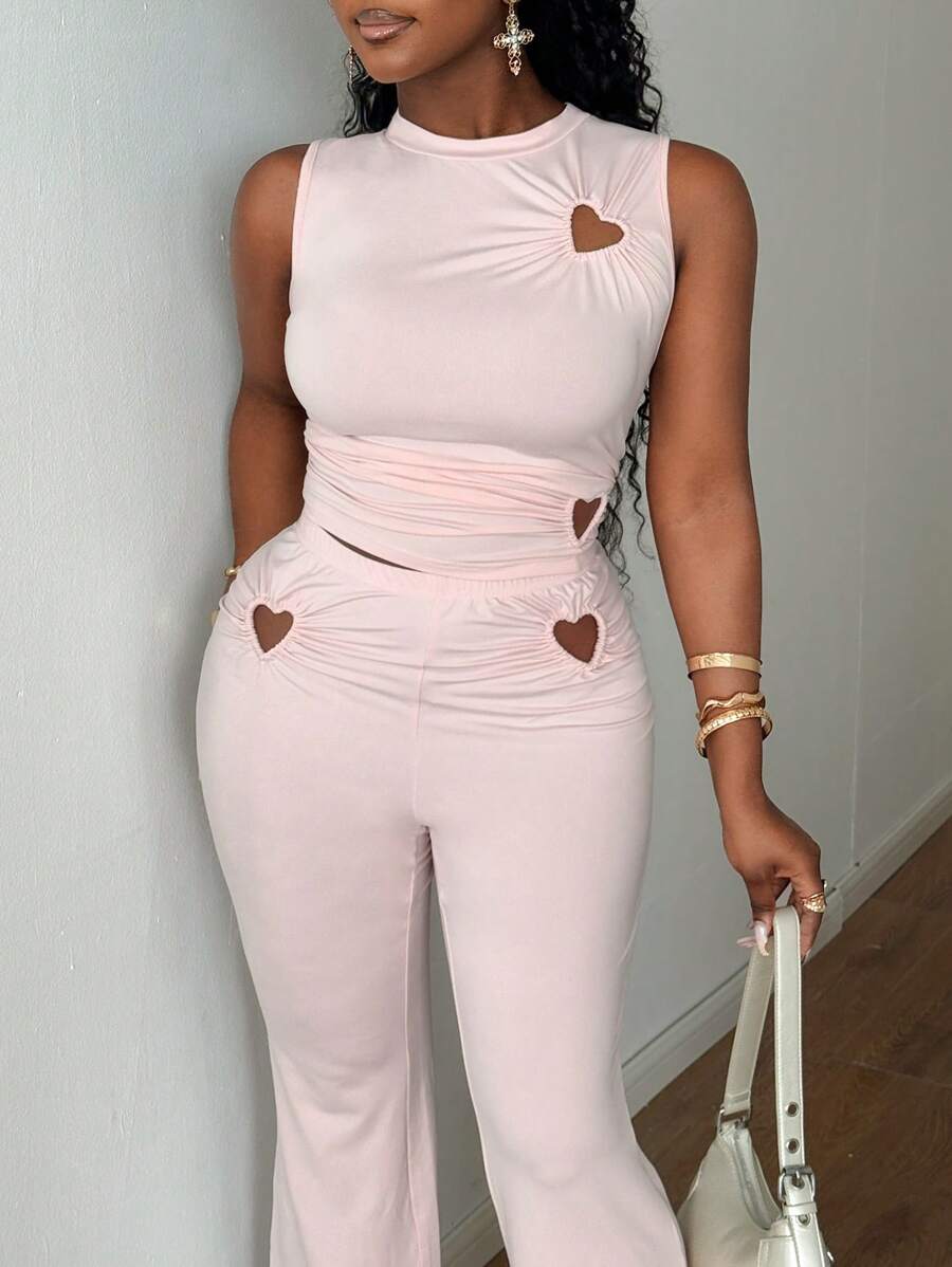 Maweii 加大码女式两件套性感圆领镂空心形设计修身时尚露背无袖紧身裤