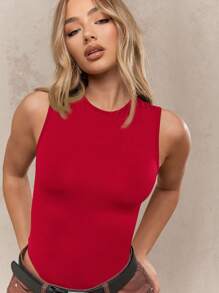 MISSGUIDED 无袖露背紧身衣弹力针织修身高领连体衣夏季春季休闲派对俱乐部装按扣开合 - 紅色 - 查看 3