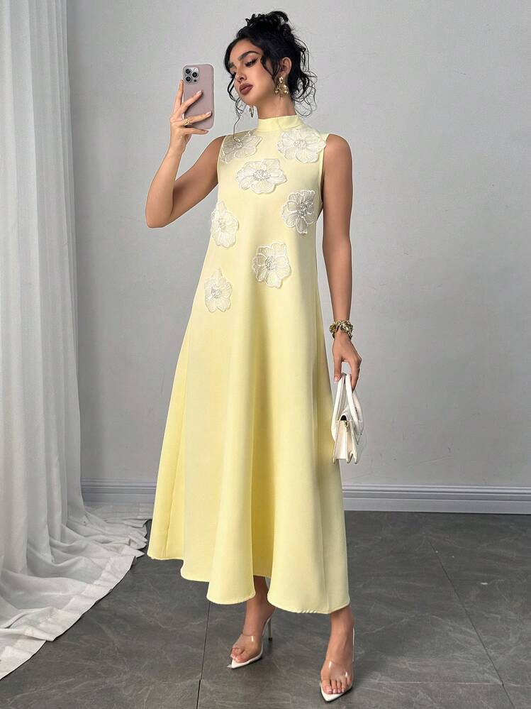 Modelyn Women's Fashion Elegant Luxury Floral 3D Embroidered Loose A-Line Long Dress, Light Yellow - Butter Yellow - View 1