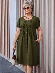 Miaspire Vestido casual de verano de manga corta con bolsillo, cuello redondo y unicolor, talla grande