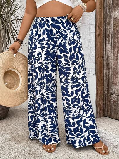 SHEIN VCAY Plus Size Women Summer Blue & White Leaf Silhouette Print Elastic Waist Wide Leg Pants Beach Vacation Airport Holiday Summer Boho Chic