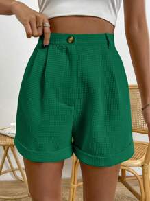 SHEIN LUNE Women's Solid Color Fashionable Mid-Thigh Shorts, Suitable For Summer - Green - View 3