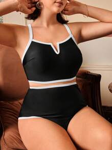 Swim Lushoire Plus Size 2-Piece Swimsuit Set - Spaghetti Strap Top & Triangle Bottoms For Summer Beach Vacation - Black - View 1