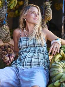 Aralina 格纹系带飘逸度假夏季娃娃装荷叶边吊带上衣 - 青碧色 - 查看 1