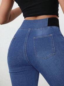 SHEIN Tall 女士牛仔裤休闲紧身弹力喇叭裤蓝色紧身牛仔裤高腰喇叭裤高腰女士牛仔裤夏季 - 中等水洗藍 - 查看 6