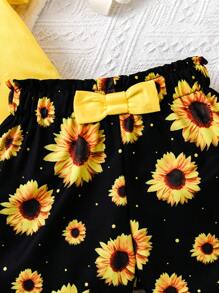 2pcs/Set Girls Casual Ruffle T-Shirt Top & Floral Print Shorts Set, Holiday Vacation - Yellow - View 4