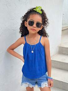 SHEIN 年轻女孩休闲/度假蓝色无袖纹理背心，适合度假、海滩 - 藍色 - 查看 2