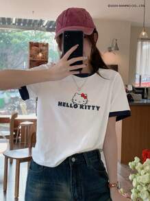 HELLO KITTY | DAZY IP撞色卡通印花短袖T恤，女款可爱上衣，教师款 - 白色 - 查看 5