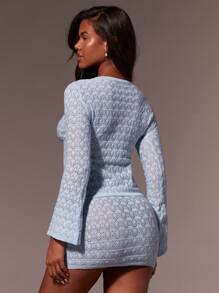 Athîral 2pcs Women Solid Color Button Up Blouse And Skirt Knitted Set - Baby Blue - View 4