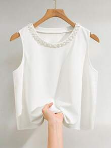 INAWLY Plus Size Pearl Decor Sleeveless Crew Neck Tank Top - White - View 3