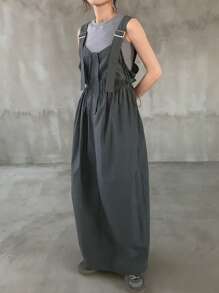 FRIFUL 女士吊带荷叶边长连衣裙，女士夏季假日连衣裙 - 灰色 - 查看 2