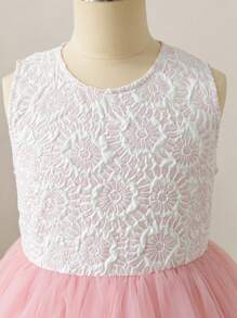 SHEIN 2 peças/conjunto Cardigan Jacquard e Vestido Mesh de Gola Redonda Sem Mangas para Meninas, Combinando Conjunto de Irmãs - Rosa chiclete - Visão 12