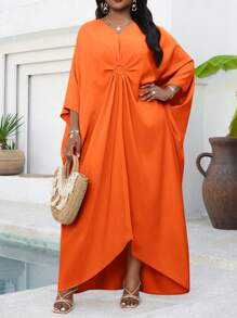 SHEIN Lady 节日连衣裙加大码香槟色梭织短袖女式长袍宽松垂坠节日新娘送礼会礼服沙滩女式高腰修身连衣裙 - 橘色 - 查看 6