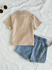 Vintaside Kids 男婴夏季百搭休闲Polo领短袖简约上衣搭配时尚水洗牛仔短裤套装，适合日常穿着、家庭露营、外出就餐或购物。