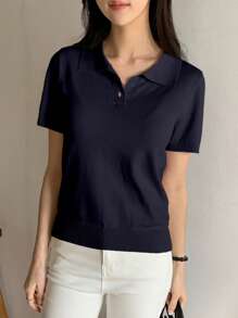 DAZY Women's Short Sleeve Turndown Collar City Casual Knitted Top, Summer - Navy Blue - View 3