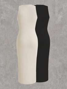 SHEIN EZwear Vestito estivo da donna taglie forti, con collo rotondo, plissettature, aderente, senza maniche, monocolore