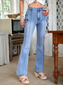 LanaWest Women's Embroidery Design Casual Versatile Flared Jeans - Light Wash - View 7