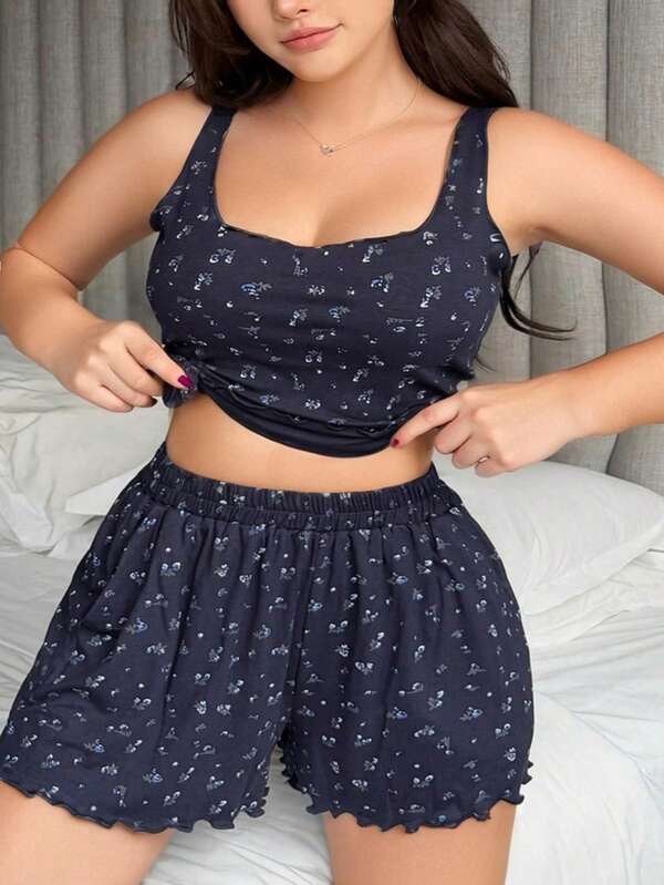 Dazy Plus Plus Size Tanktop met bloemenprint en elastische taille shorts Loungewear Set, Vakantie, Terug naar school kleding Pyjama