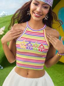 Teletubbies X SHEIN Magliette senza maniche da donna con motivi a righe colorate e grafiche cartoni animati, girocollo