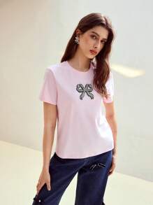 MOTF STUDIO RHINESTONE DETAIL BOW EMBROIDERY T-SHIRT,VALENTINE'S DAY