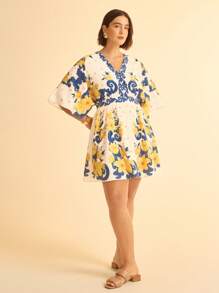 CAJUNI 大码女式波西米亚风热带花卉印花 V 领宽松袖沙滩迷你连衣裙，夏季休闲 - 彩色 - 查看 7