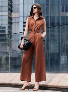 BizChic 2025 Summer New Music Festival Party Look, Versatile Spring/Summer Fashion, Suitable For Weddings, Brunch, Casual/Work Outfits, Office, Date - Women Elegant Sleeveless Jumpsuit With Shirt Collar, Metal Buckle Belt, Brown - Coffee Brown - View 8