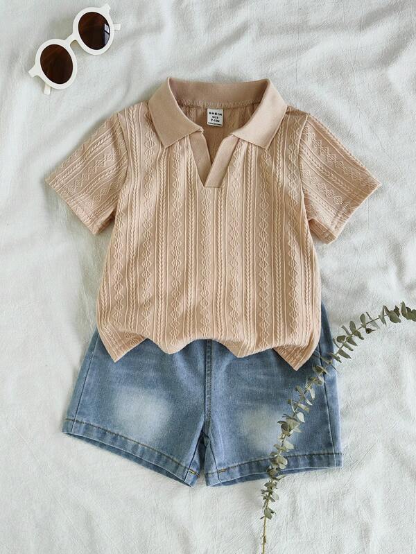 Vintaside Kids Conjunto de bebé niño/niño pequeño de verano versátil, casual, con polo y manga corta, top minimalista emparejado con pantalones cortos vaqueros lavados de moda, adecuado para uso diario, campamento familiar, cena o compras