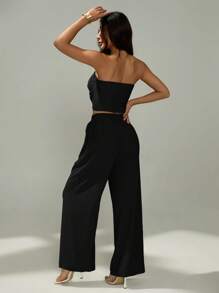 SHEIN PETITE 2 Pcs Women Solid Color Minimalist Bandeau Top And Pants Set Festival - Black - View 4