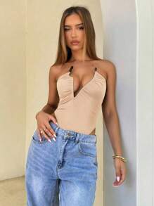 Aloruh Women's Sexy Asymmetrical Metal Hoop & Resin Decor Bodysuit, Figure Flattering