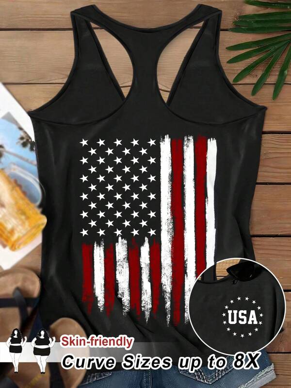 SHEIN CURVE+ Plus Size National Flag Print Casual Sleeveless Tank Top For Summer4th Of July / USA / 4th Of July Outfits / 4th Of July Clothes / 4th Of July Women/Graphic Tees