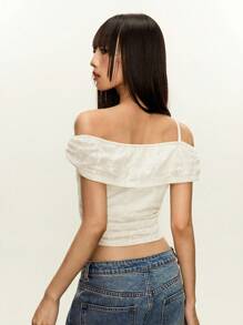 Rina Fox Charming Romantic Textured One Shoulder Ruched Butterfly Decor Apricot Women Top, Summer