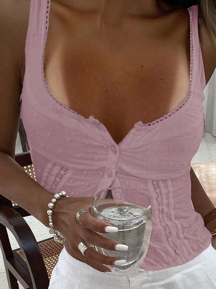 DAZY 女士夏季修身镂空蕾丝纹理吊带背心性感女士上衣短款女士上衣，娃娃装上衣 - 粉色 - 查看 1